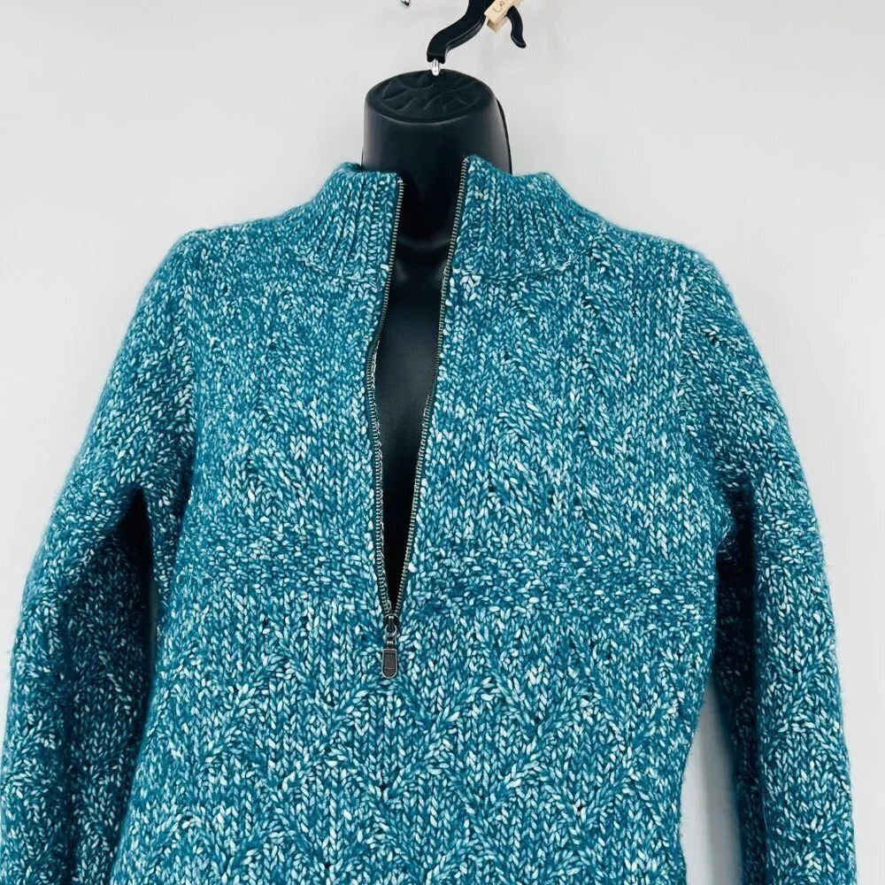 Soft Surroundings Women's Teal 1/4 Zip Aran Cable Knit Sweater Size M Wool Blend